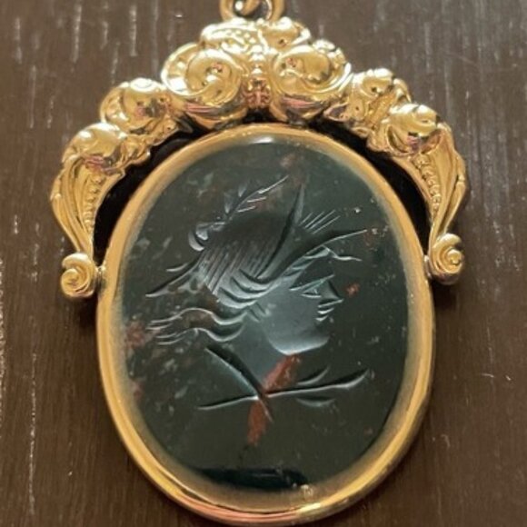 10K Gold and Gold-Filled GLOWING Goddess Athena Bloodstone Intaglio Amulet! - Picture 2 of 7